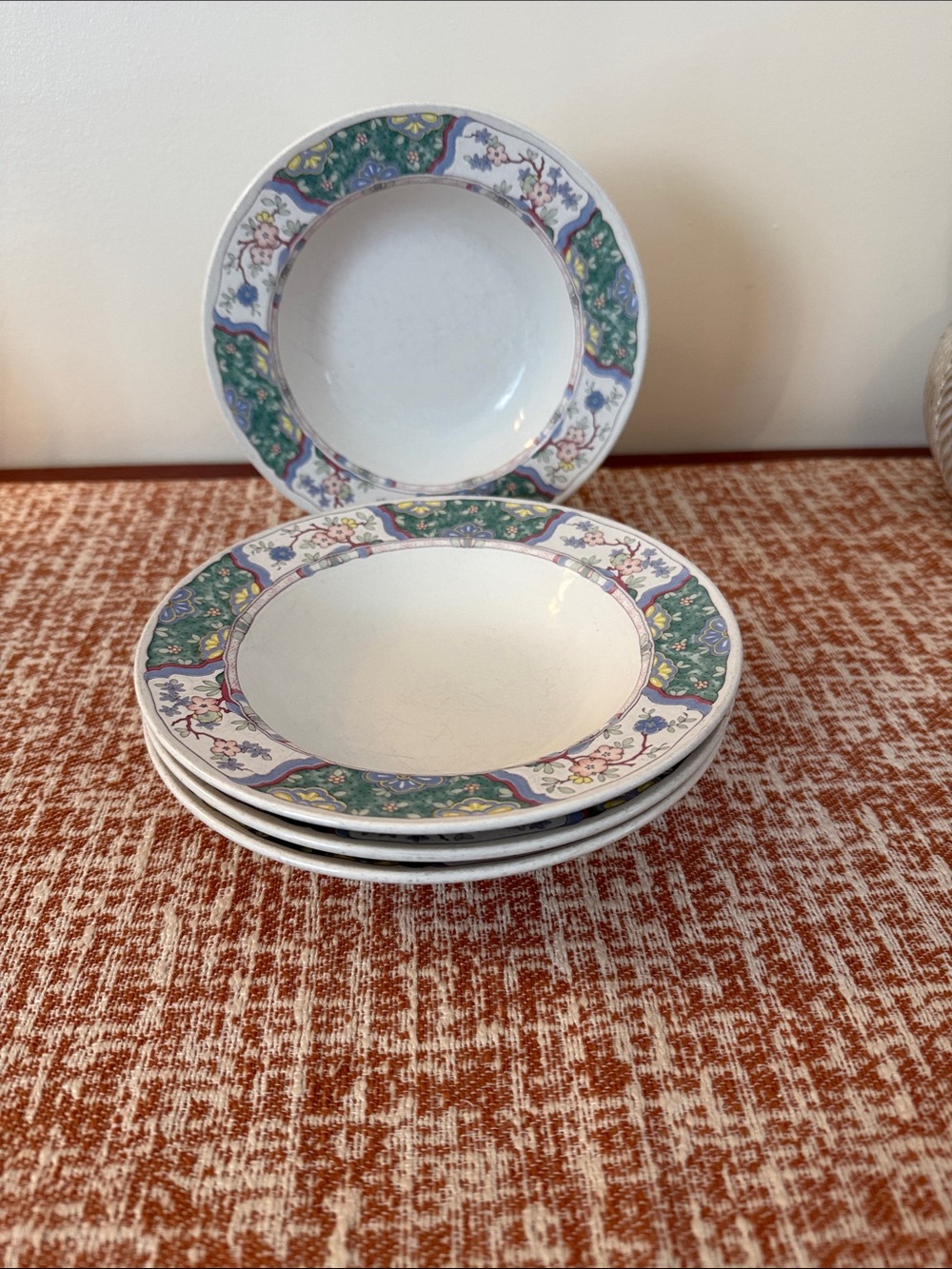 Vintage Floral Rim Ceramic Soup Bowls - Green and White (Set)